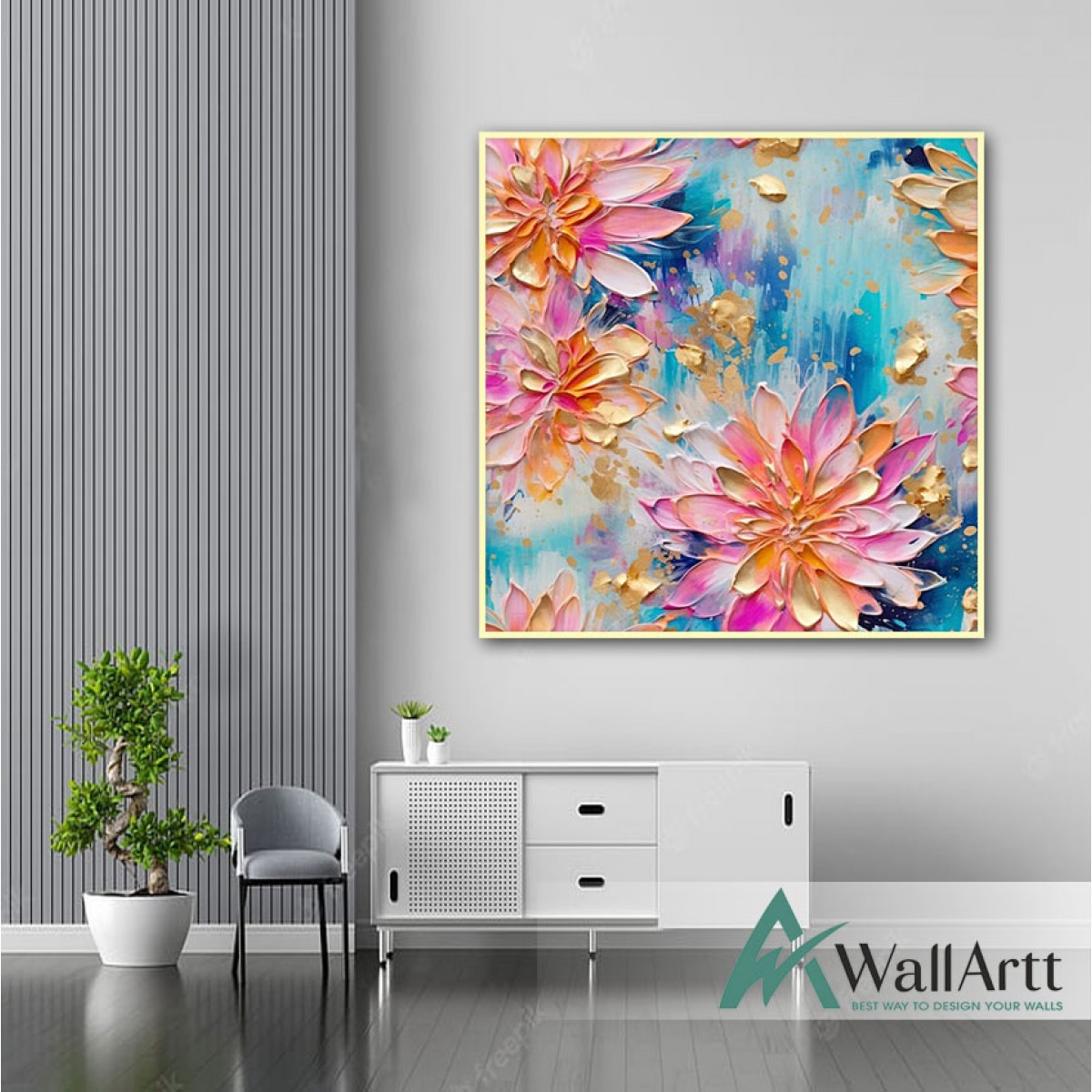 Abstract Pink Flowers II 3d Heavy Textured Partial Oil Painting